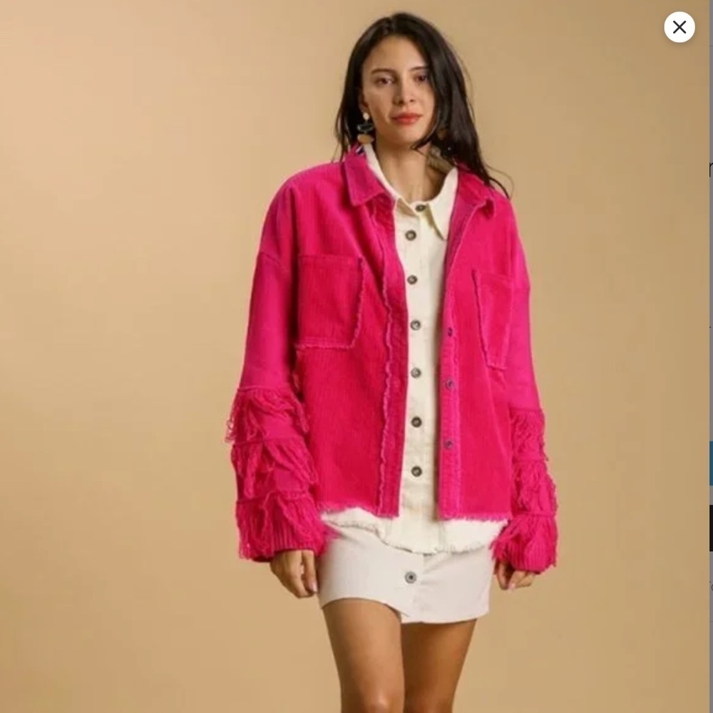 Umgee Hot Pink Corduroy Fringe Button Down Jacket Size Medium